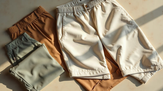 Flat lay of folded linen summer trousers in sand and stone tones on a textured surface in morning light.
