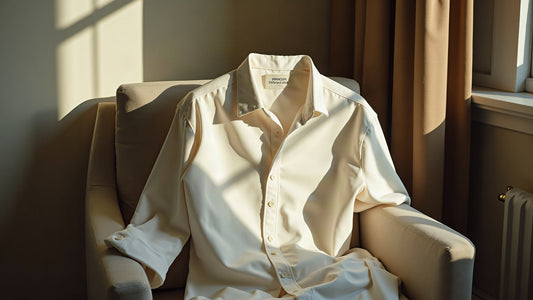 Crisp ecru oxford men's shirt draped over a chair in warm window light, quiet luxury styling.