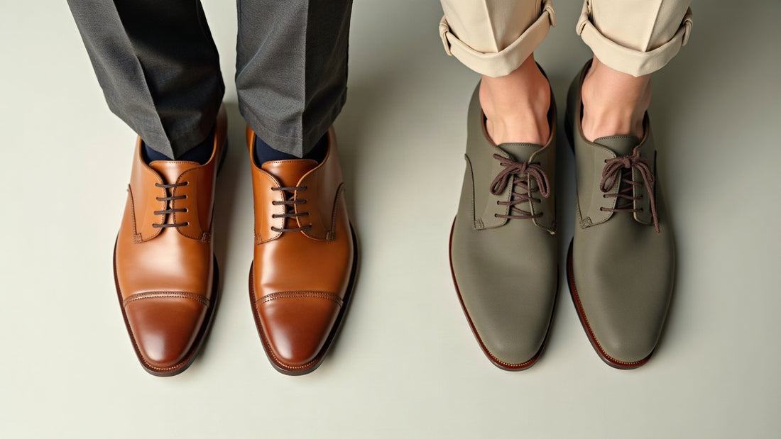 Men's camel casual shoes styled two ways, office and weekend, in a neutral editorial flat lay.