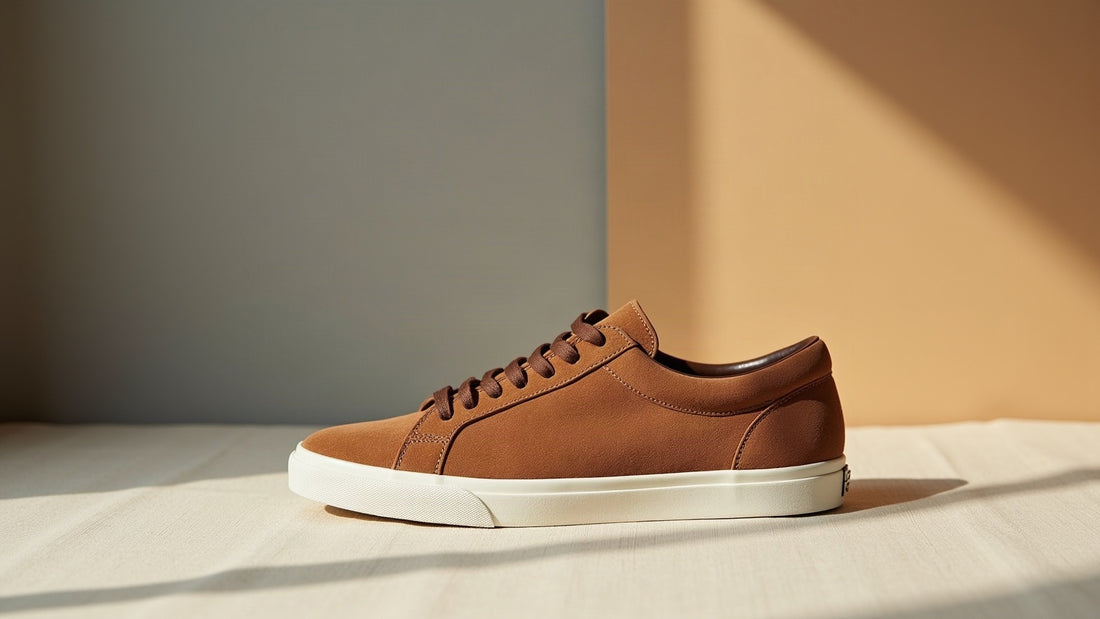 Camel suede low-top sneaker in side profile on earth-toned backdrop with soft directional light.