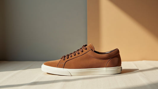 Camel suede low-top sneaker in side profile on earth-toned backdrop with soft directional light.