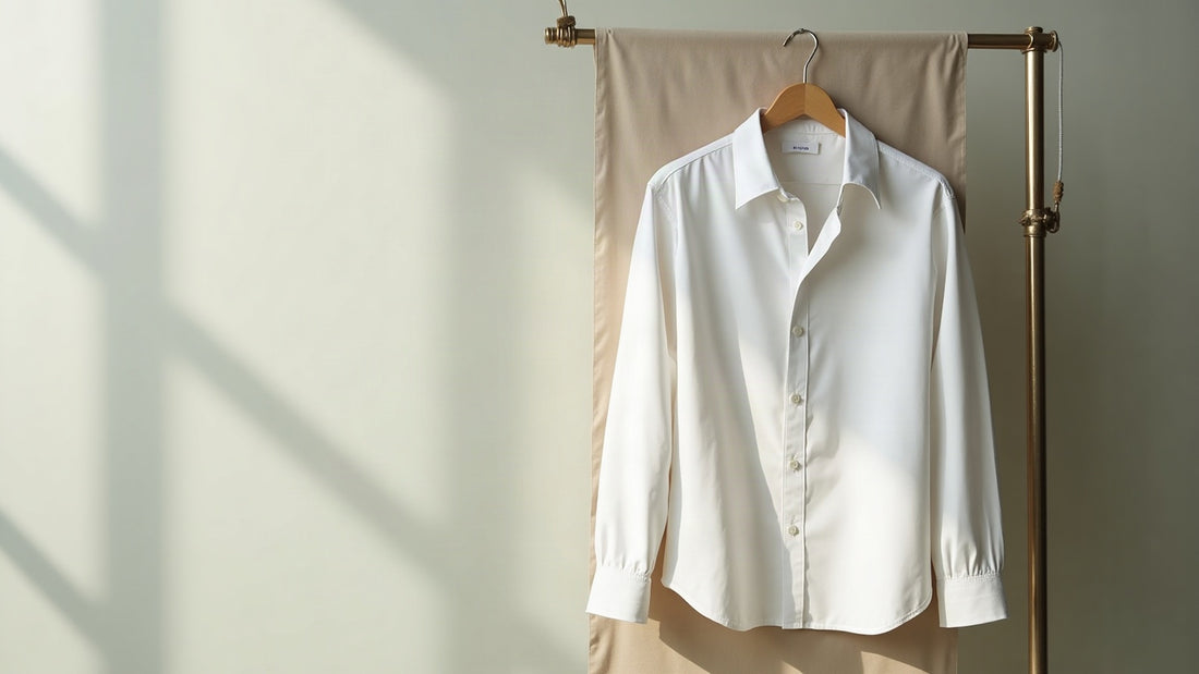 Crisp white men's dress shirt on a linen hanger in soft window light against a neutral studio backdrop.