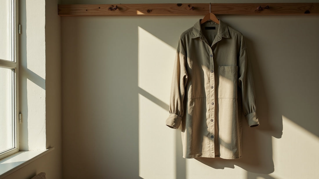 Sage linen overshirt hung on a wooden rail in soft natural light showing detailed woven fabric texture.