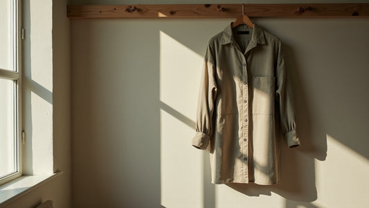 Sage linen overshirt hung on a wooden rail in soft natural light showing detailed woven fabric texture.