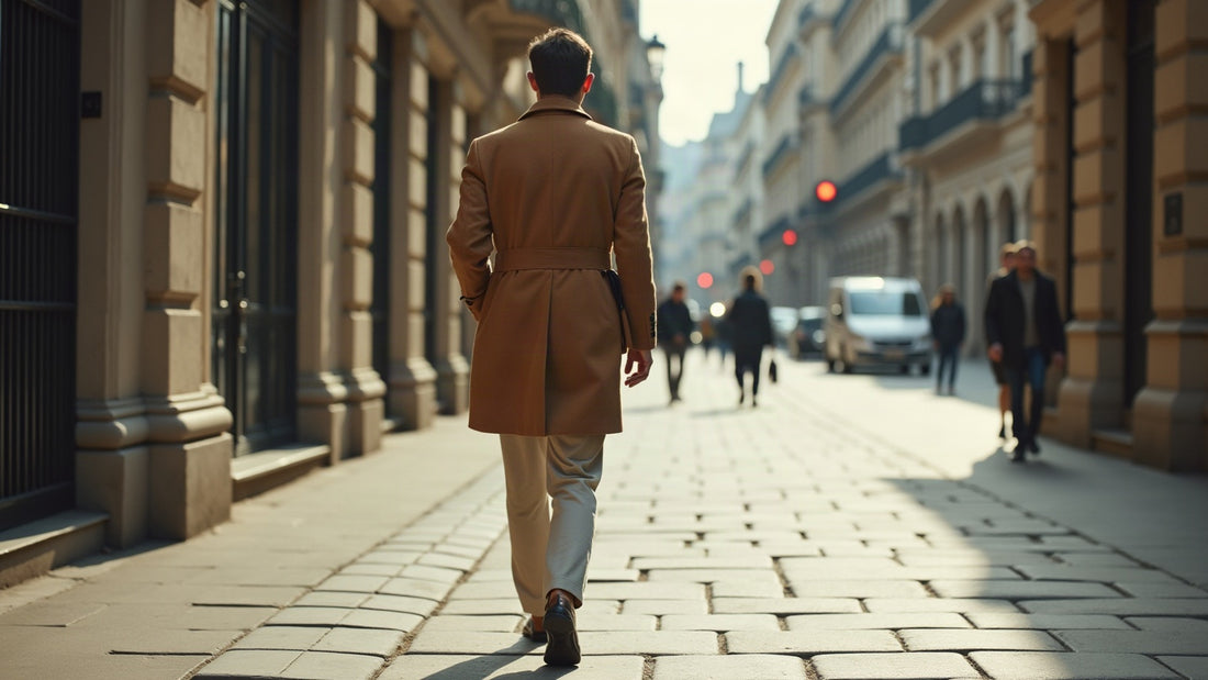 Man walking city street from behind in tonal smart casual outfit with tailored trousers and camel coat.