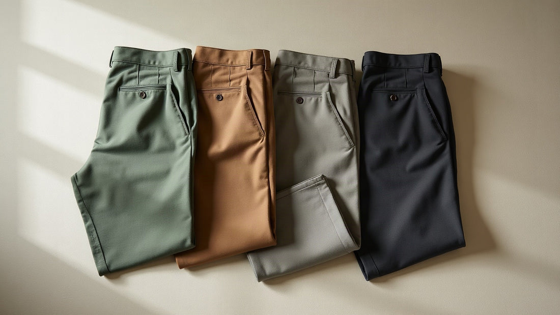 Folded men's trousers in sage, camel and grey showing fabric weave texture in soft daylight.