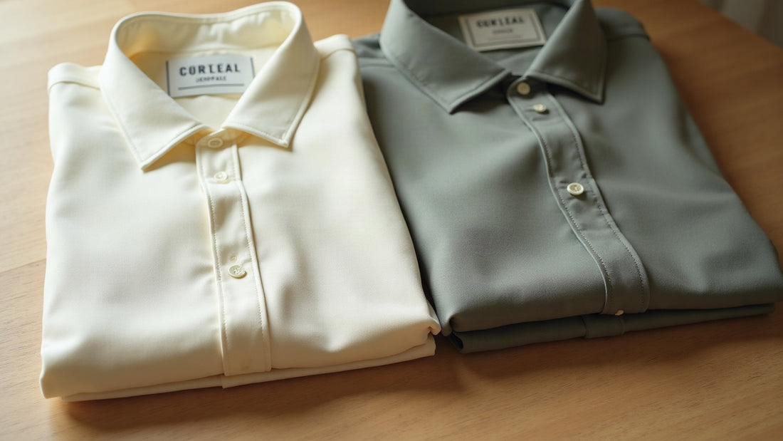 Folded neutral men's shirts in bone, ecru and charcoal on an oak surface in soft daylight.