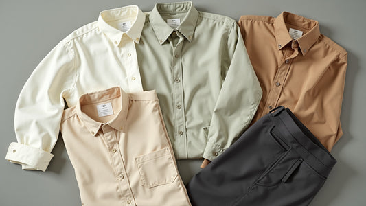 Flat lay of folded neutral men's smart-casual shirts and trousers in soft morning light.
