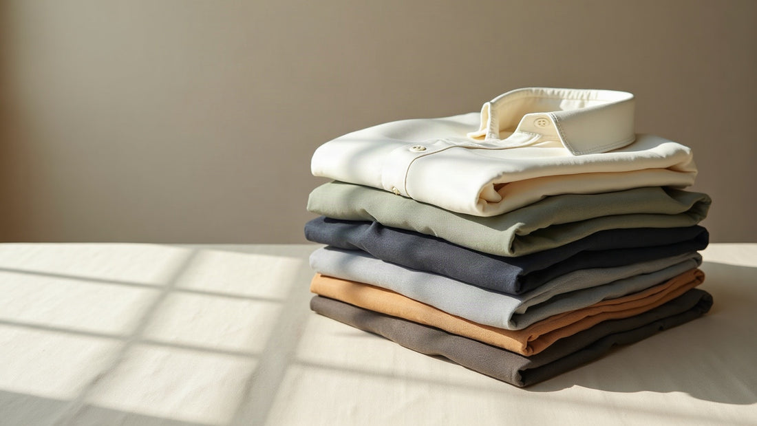 Overhead flat lay of a ten-piece men's shirt capsule folded in muted neutral tones in morning light.