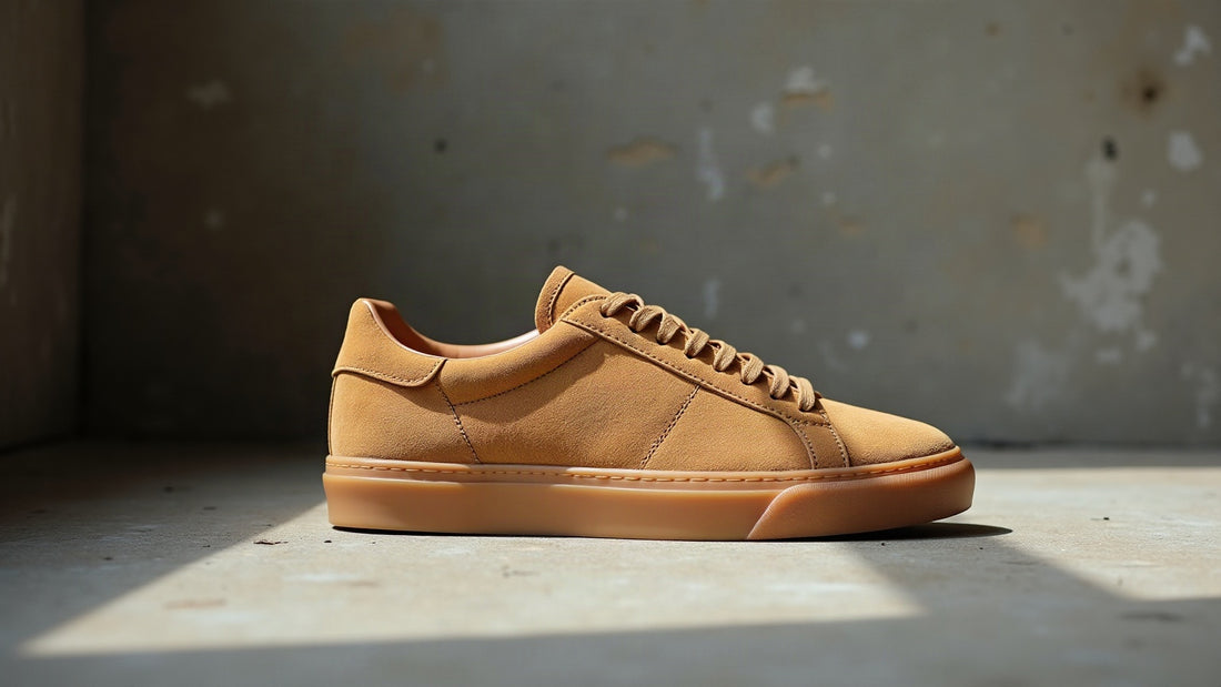 Camel suede men's low-top casual shoe in side profile on stone grey concrete with gum sole detail.