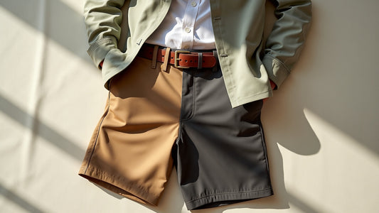 Sun-faded tailored men's shorts styled flat lay on ecru linen backdrop in midday light.