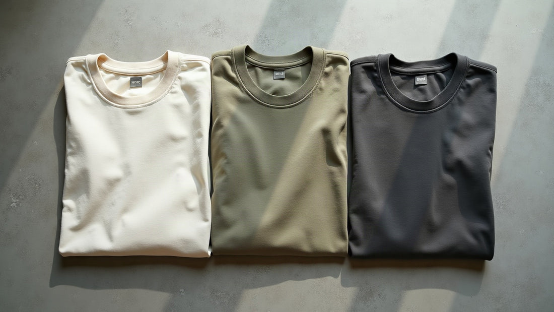 Flat lay of folded garment-dyed crew neck cotton t-shirts in ecru, sage and charcoal in soft daylight.