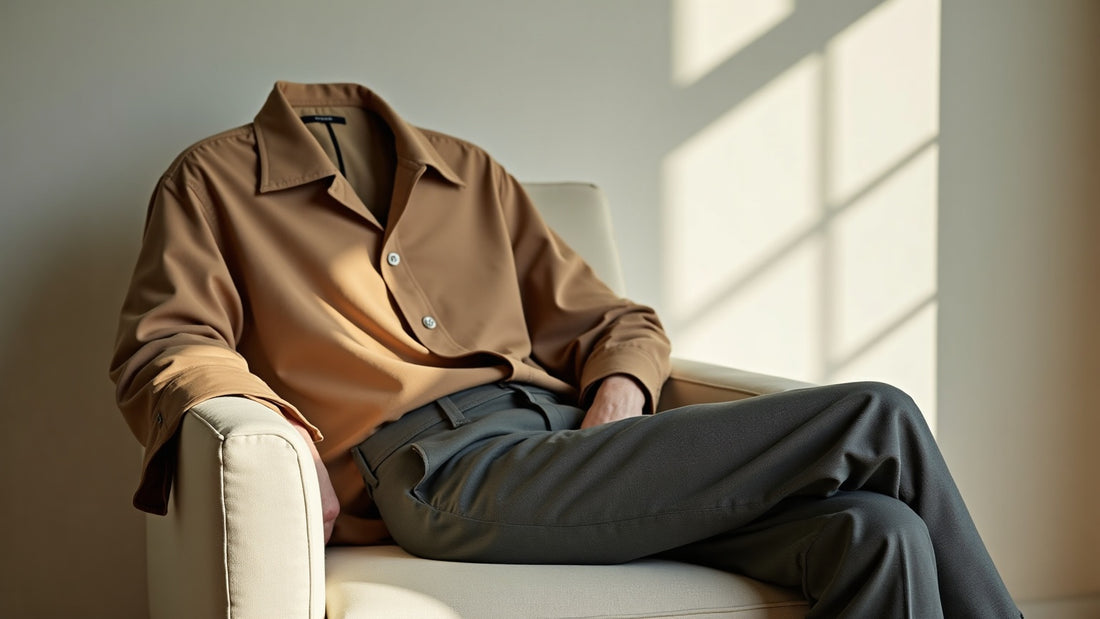 Understated ecru men's shirt and charcoal trousers styled on a chair in a muted editorial still life.