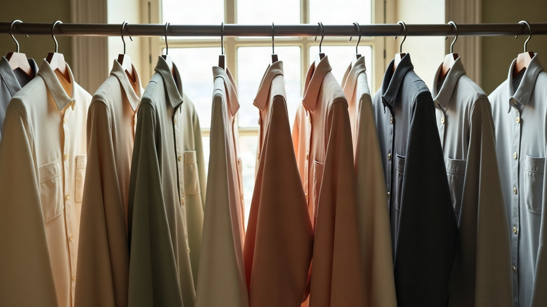 Overhead rail of ten men's shirts arranged tonally in desert-neutral bone, sage, camel and charcoal.