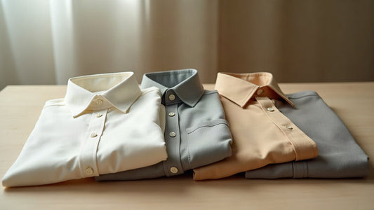Three folded men's shirts in neutral bone, stone grey and camel tones on a pale wooden surface in soft daylight.