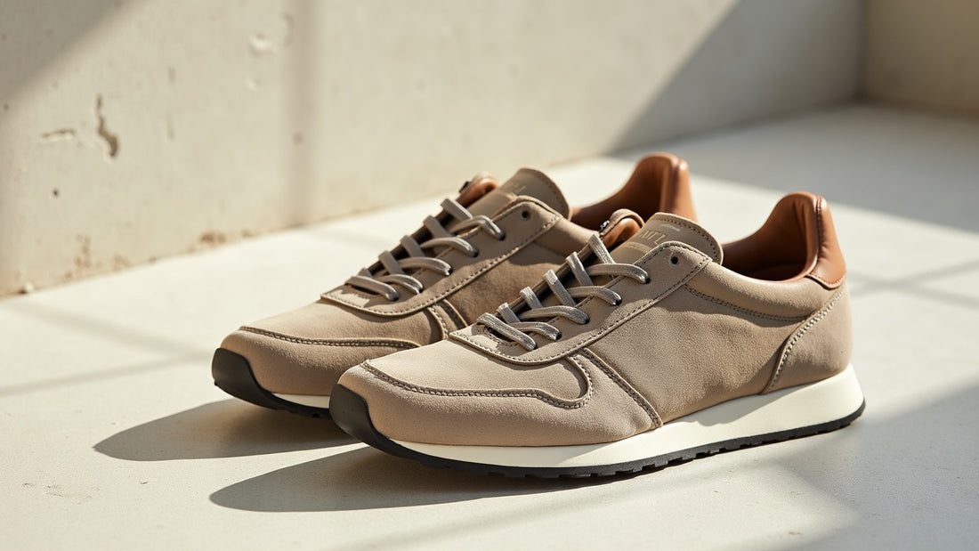 Camel suede low-profile runner on pale concrete in raking morning light, quiet luxury men's trainer flat lay.