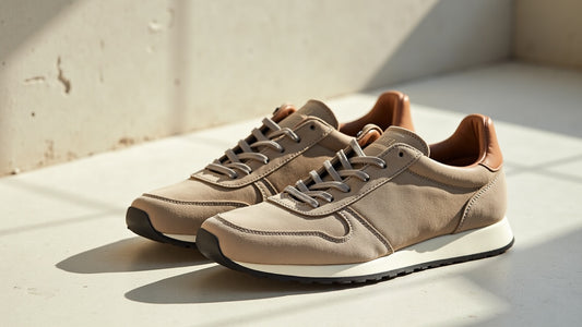 Camel suede low-profile runner on pale concrete in raking morning light, quiet luxury men's trainer flat lay.