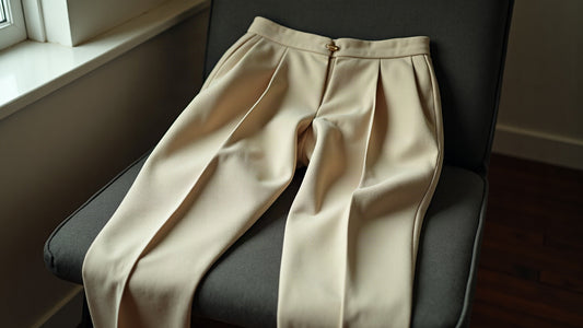 Ecru pleated tailored men's trousers draped over a charcoal chair in soft side light.
