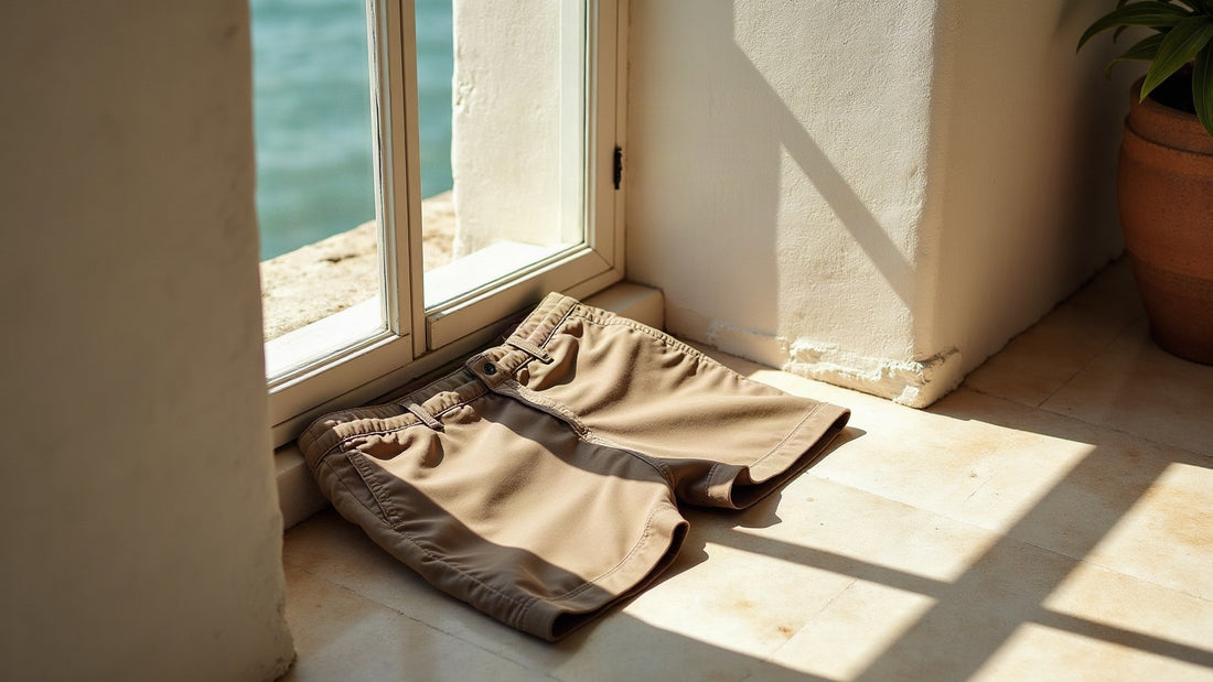 Tailored camel and stone grey bermuda shorts flat-laid on a sun-bleached stone surface with soft coastal shadows.