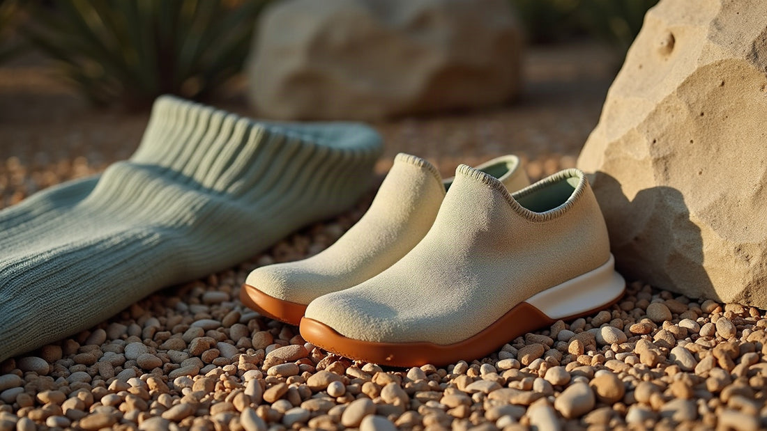 Gum-sole trail-lite runner in muted ecru and sage on gravel path in soft early evening light.