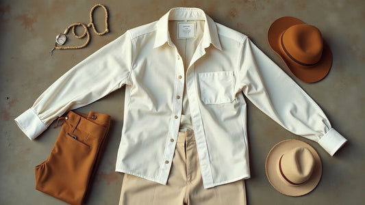 Bone-white linen men's shirt flat lay on stone in morning light with camel accessories.