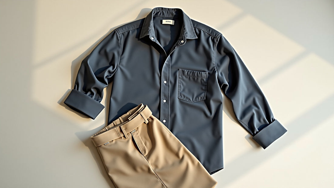 Navy linen shirt and beige trousers flat lay on ecru linen in soft morning light, men's summer outfit.