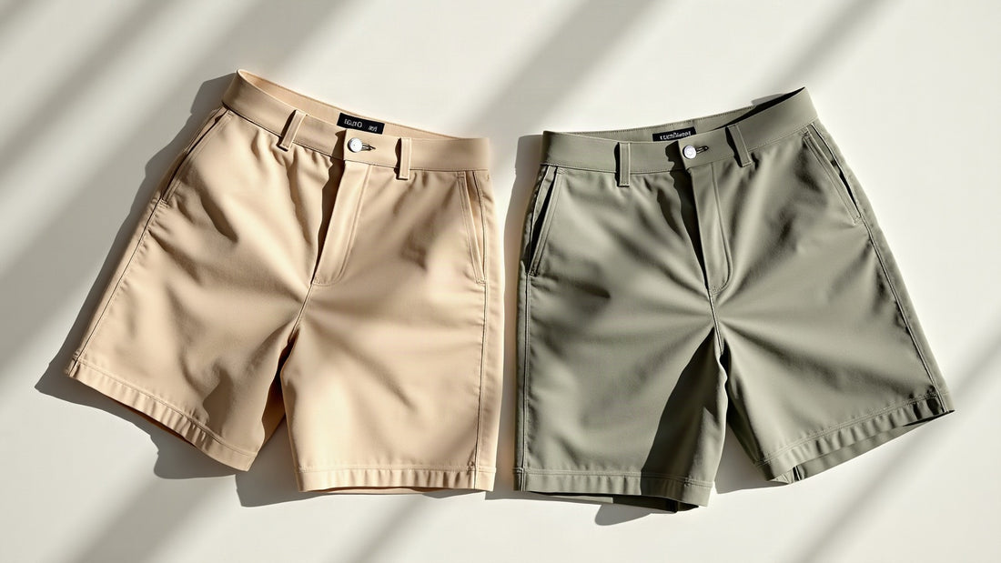Folded tailored linen shorts flat lay in camel and bone neutrals on ecru linen with soft natural light.