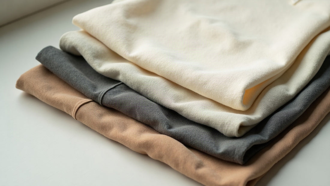 Layered spring shirt fabric swatches of linen, cotton and poplin in natural light, flat lay still life.