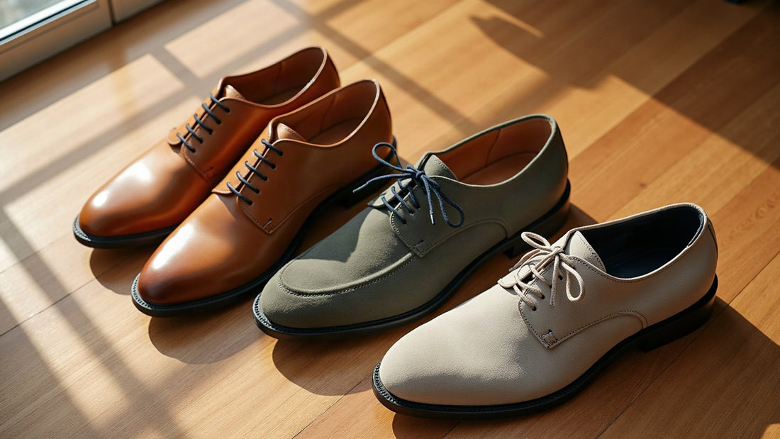 Three pairs of men's leather and suede quiet-luxury shoes flat-lay on warm oak with soft shadow.