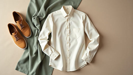 Ecru linen shirt and camel suede sneakers flat lay on sand-toned linen for a coastal off-duty look.