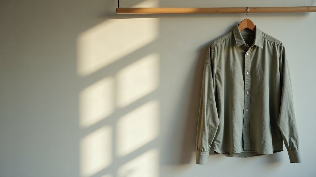 Neutral linen men's shirt on a wooden hanger against a soft wall in natural window light.