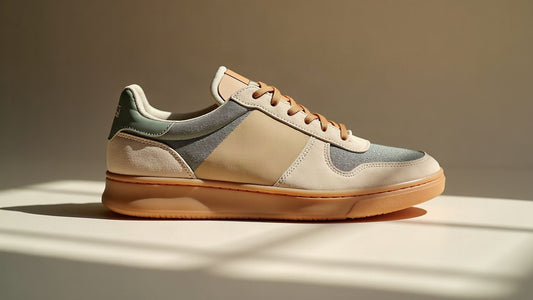 Macro of camel suede and grey mesh trainer upper with gum sole in soft studio light.