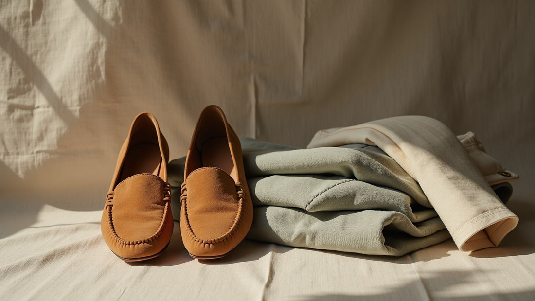 Unlined camel suede men's loafers beside folded linen trousers in warm neutral tones on stone surface.