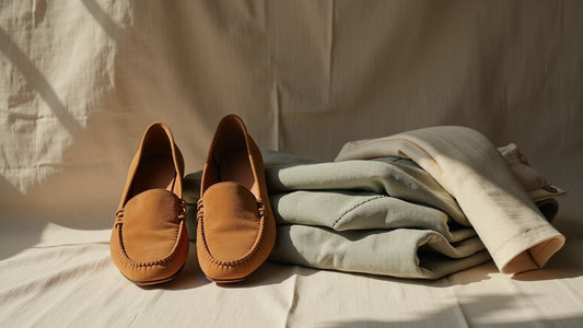 Unlined camel suede men's loafers beside folded linen trousers in warm neutral tones on stone surface.