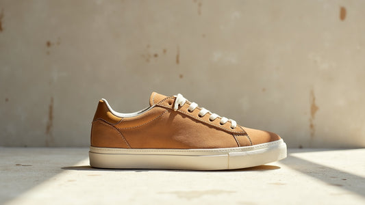 Camel suede low-top heritage sneaker on pale concrete in soft side light, quiet spring style.