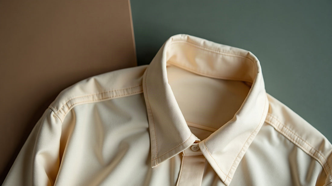Close detail of a bone-white dress shirt collar with a soft collar roll on a neutral styled flat lay.