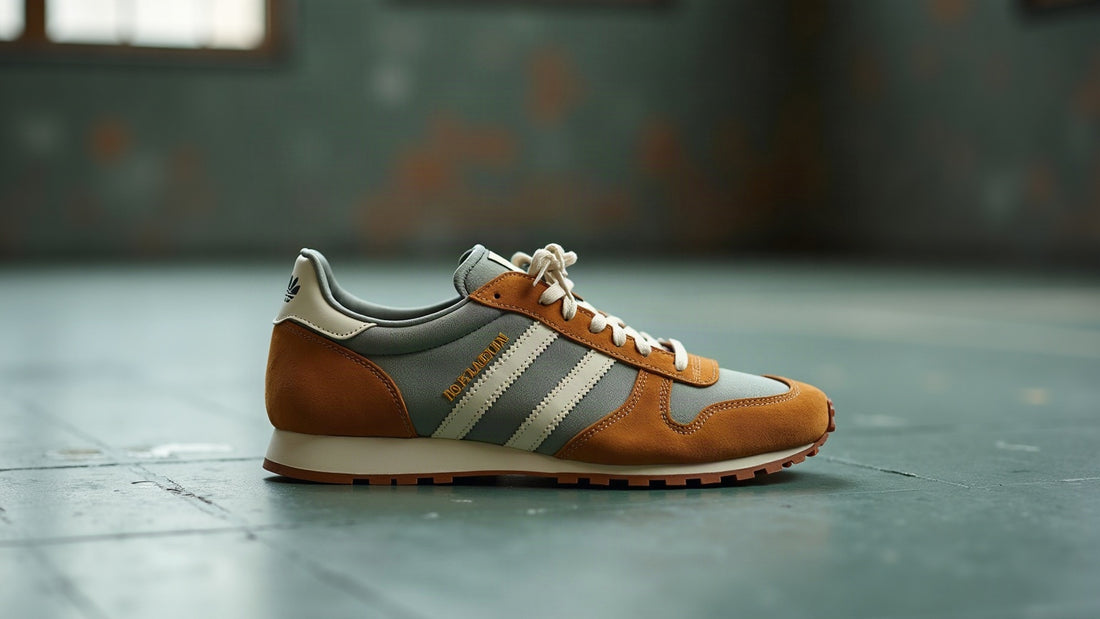 Worn-in camel suede heritage runner with gum sole on a stone-grey gym floor in cool natural light.