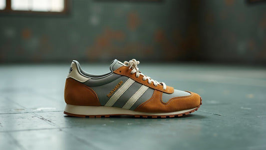 Worn-in camel suede heritage runner with gum sole on a stone-grey gym floor in cool natural light.