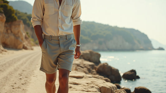 Man in tailored stone-grey shorts walking a sun-faded coastal edge in a muted neutral palette.