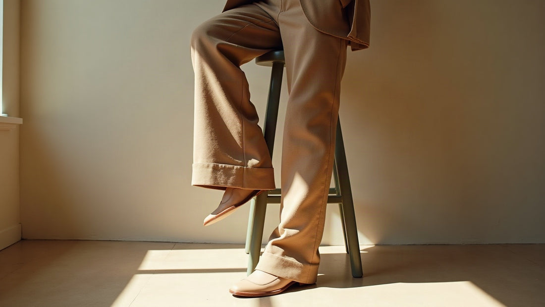 Draped camel tailored trouser leg over a studio stool in warm natural daylight with soft shadows.