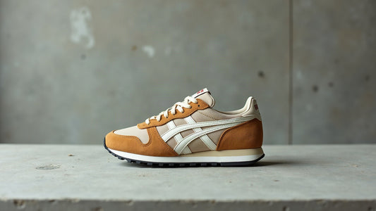 Side profile of a camel suede and ecru mesh 80s retro runner sneaker on grey concrete in overcast daylight.