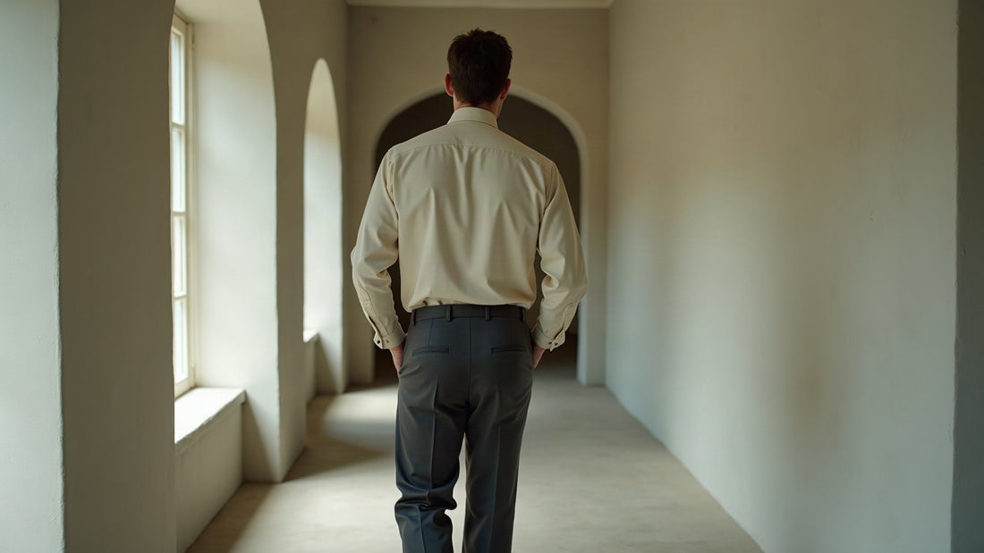 Man in tailored charcoal trousers and tucked ecru shirt walking in soft natural light, old money style.