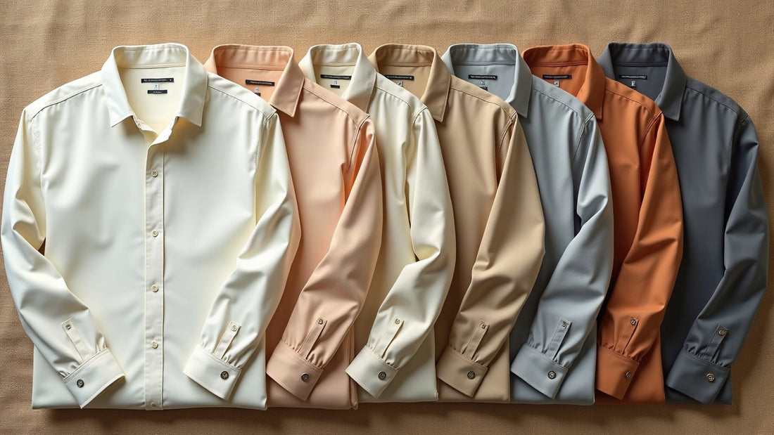 Flat lay of folded men's shirts in a tonal gradient of sand, stone and clay on natural linen.