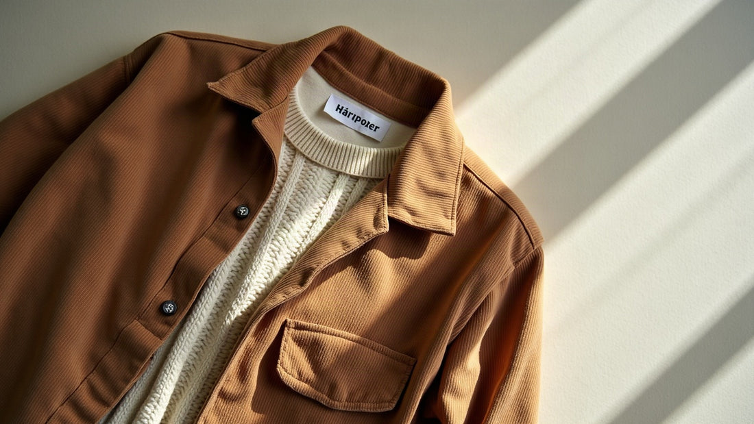Folded camel corduroy overshirt layered over a tonal knit in a desert-neutral flat lay for transitional layering.