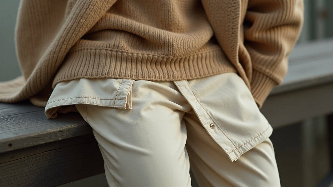 Men's ecru shirt layered under a camel knit sweater in warm neutrals, styled as a textural still life.