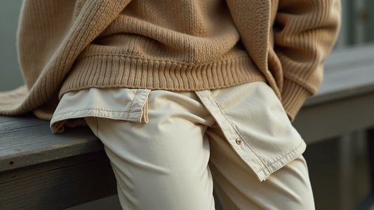 Men's ecru shirt layered under a camel knit sweater in warm neutrals, styled as a textural still life.