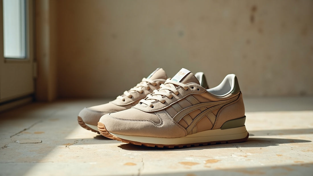Muted camel and ecru heritage runner sneakers in side profile on a stone floor in soft daylight.