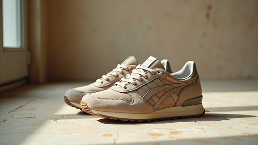 Muted camel and ecru heritage runner sneakers in side profile on a stone floor in soft daylight.