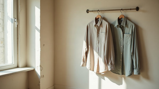 Unbranded stone-grey men's shirt hanging on a plaster wall in a quiet minimalist interior.