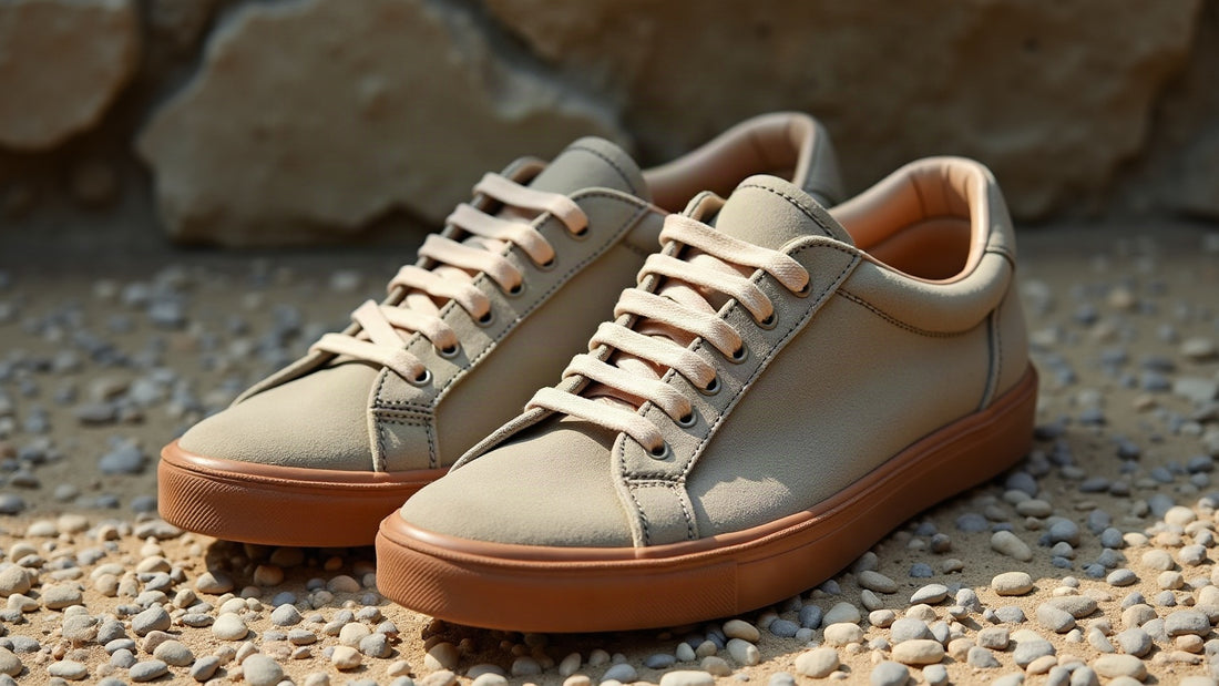 Camel and bone suede low-top sneakers styled on faded gravel in soft natural light, SS26 casual shoes.